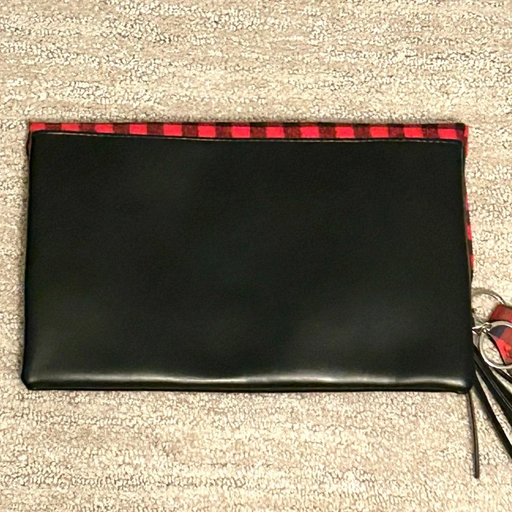 Funky Monkey Foldover Red & Black Buffalo Plaid Clutch Top Zip 10.5” x 7” NWOT